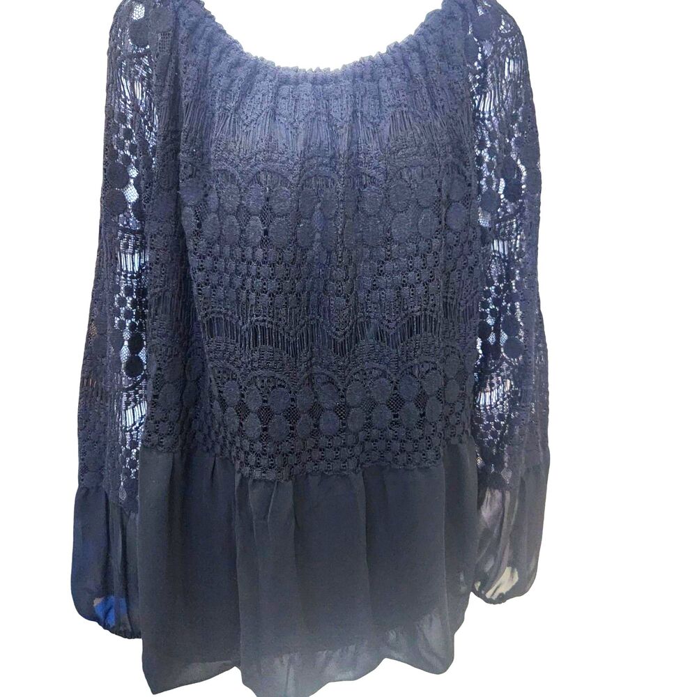 Melissa Paige Black Crochet Lace Chiffon Whimsigoth Boho Peasant Bubble Hem XLP - Picture 1 of 9